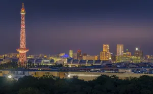 Blue hour, city panorama, Berlin, Germany, Europe