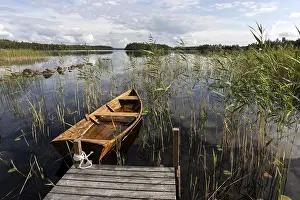 Boat dock with rowboat, reeds, lake in Smaland