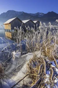 Boat huts, icy shore, lake, morning light