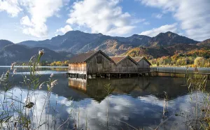 Boathouses at Lake Kochel in autumn