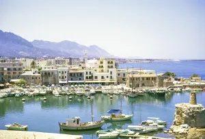 Boats in harbour at Kyrenia or Girne, Northern Cyprus, Cyprus, Europe 1973 - Hotel El Greco now British Hotel, Europe