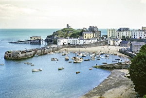 Boats moored in Tenby harbour, Pembrokeshire, Wales, United Kingdom, late 1950s, Europe