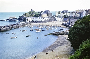Boats moored in Tenby harbour, Pembrokeshire, Wales, United Kingdom, late 1950s, Europe