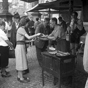 Bockwurst, sausage salesman on a street in Freiburg