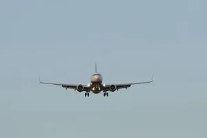 Boeing 737 jet passenger aircraft of Ryanair airlines in flight landing at London Stansted airport