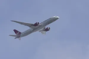 Boeing 787-9 Dreamliner jet passenger aircraft of Virgin Atlantic airlines in flight in a blue sky