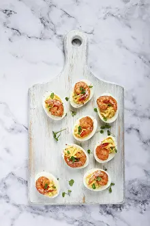 Boiled eggs stuffed with yolk and seasoned with mayonnaise
