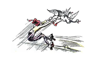 Book illustration, Boeck the tailor being pulled out of the water by geese