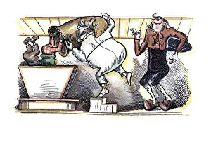 Book illustration, master miller throwing Max and Moritz into the grinding hopper
