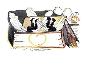Book illustration, Max and Moritz falling into a chest of flour