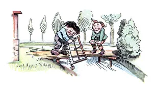 Book illustration, Max and Moritz sawing the bridge