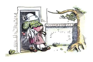 Book illustration, widow Bolte carrying dead chickens into her house