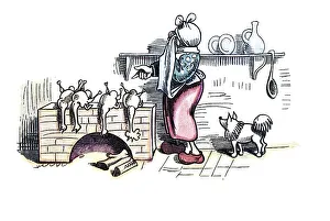 Book illustration, widow Bolte cooking dead chickens