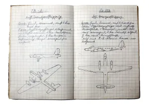 A booklet with handwritten text and drawings for aircraft detection