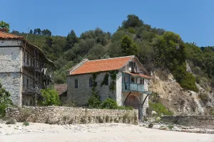 At the border, Arsanas Chromnitsas, Mount Athos, Orthodox monastic republic with autonomous status under Greek sovereignty, Athos Peninsula, Halkidiki, Central Macedonia, Greece, Europe