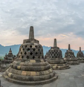 Borobudur temple, stupas, cloudy sky, Borobudur, Yogyakarta, Java, Indonesia, Asia