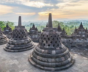 Borobudur temple, stupas, morning atmosphere, cloudy sky, Borobudur, Yogyakarta, Java, Indonesia, Asia