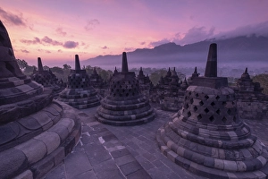 Borobudur temple at sunrise, stupas
