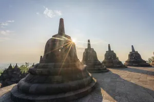 Borobudur temple at sunrise, stupas