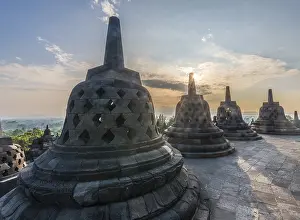 Borobudur temple at sunrise, stupas