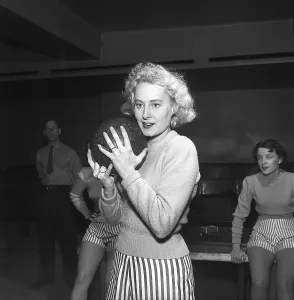 Bowling in the 1950s. Actress Ullacarin Ryden pictured when bowling for the first time