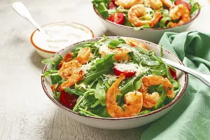 Category Wildlife DE Prints: Two bowls of shrimp salad, arugula and cherry tomatoes
