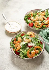 Category Wildlife DE Prints: Two bowls of shrimp salad, arugula and cherry tomatoes