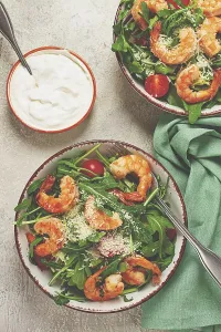 Category Wildlife DE Prints: Two bowls of shrimp salad, arugula and cherry tomatoes