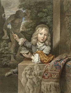 Boy blowing and playing soap bubbles, c