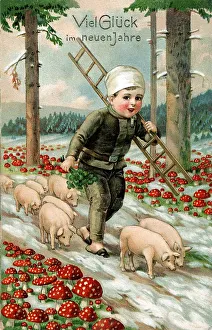 Boy carrying ladder and holding cloverleaves
