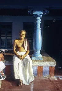 Brahmin old man sitting in front of his Agraharam house Brahmin quarter at Sundarapandiapuram near Courtalam Kutralam