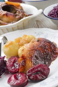 Breast of duck with dumplings and pickled plum