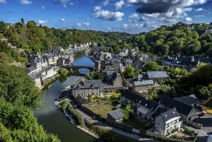 Breton Village Dinan With Half-Timbered Houses And River La Rance In Department Ille et Vilaine In Brittany