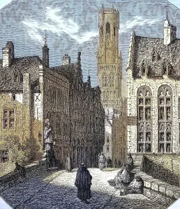 The bridge Le Pont Saint-Jean and the tower Belfry in Bruges around 1882