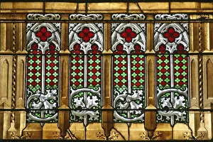 A bright and colorful stained glass window in Zagreb cathedral