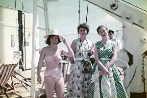 Three British teachers on the P&O ship SS Iberia, travelling to Trinidad around 1961