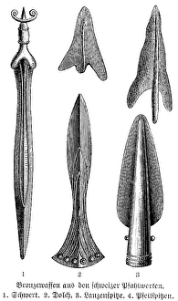 Bronze weapons from prehistoric Swiss pile dwellings, sword, dagger, spearhead, arrowhead, history of mankind, Switzerland, historical illustration 1880, Europe