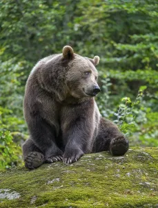 Brown bear (Ursus arctos) sitting on a rock covered with moss