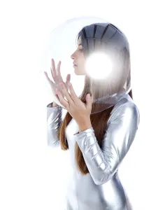 Brunette futuristic silver woman profile with sphere glass helmet