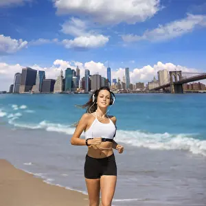 Brunette girl running in New York Brooklyn bridge photo mount