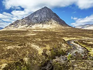 The Buachaille Mountain and Moors over Glen Etive Valley from a drone