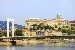Budapest cityscape in Hungary with Buda Castle and Elizabeth Bridge over Danube river