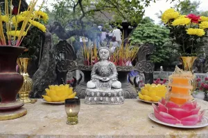 Category Buddhism Prints: Buddha altar in front of the One Pillar Pagoda