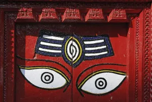 Buddha eyes on a painted door, Kathmandu
