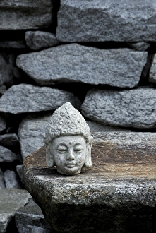 Category Buddhism Prints: Buddha head on stone slab