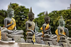 Several Buddha statues with yellow robes against a green backdrop