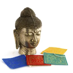 Buddhism religion with buddha and colored flags