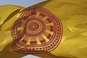 Buddhist flag with the Dharmacakra wheel symbolizing the Buddha's teachings