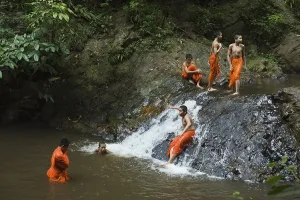 Category Buddhism Prints: Buddhist monks having a bath in a waterfall in the jungle