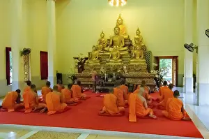 Buddhist monks at prayer in temple